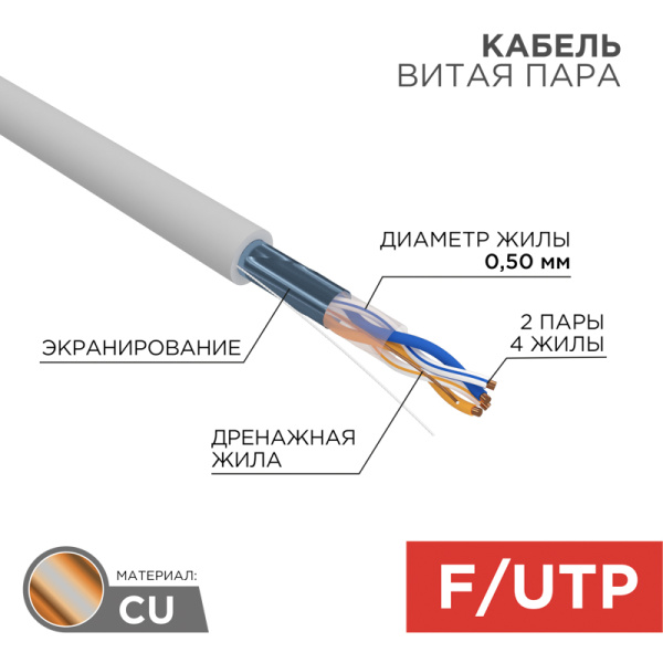 Кабель FTP 2PR 24AWG CAT5e 305м Rexant 01-0122