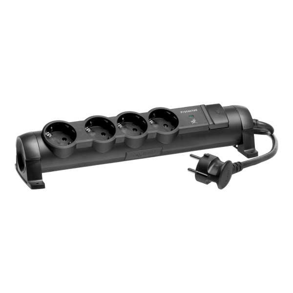 Купить Legrand Черный Удлинитель 4x2К+З с выкл., кабель 1,5м, с защитой от перепадов напряжения, фиксир. поворотный блок, возможно крепление к стене 694611