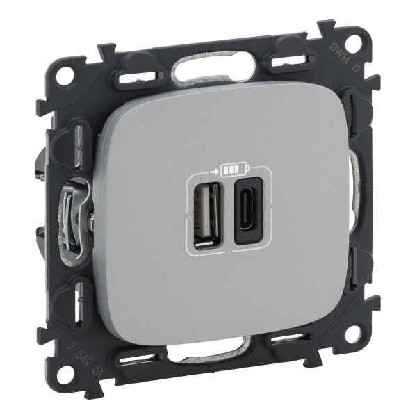 Legrand Valena Allure, алюминий, зарядное устройство с двумя USB разъемами A-C 754967