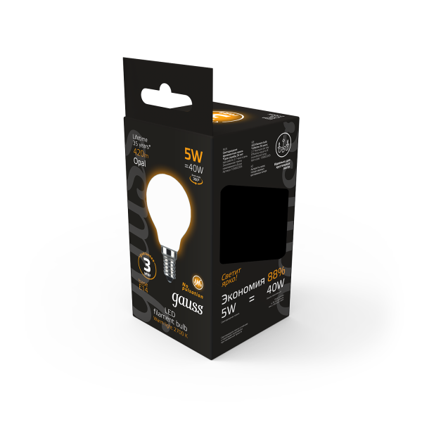 Купить Gauss Лампа Filament Шар 5W 420lm 2700К Е14 milky LED 105201105