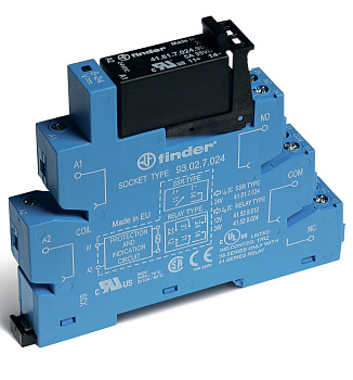 Finder Интерфейсный модуль (сборка 41.81.7.012.8240 + 93.02.7.024), твердотельное реле; выход 3A (240В AС); питание 24В DC; категория защиты IP20; вин 383170248240