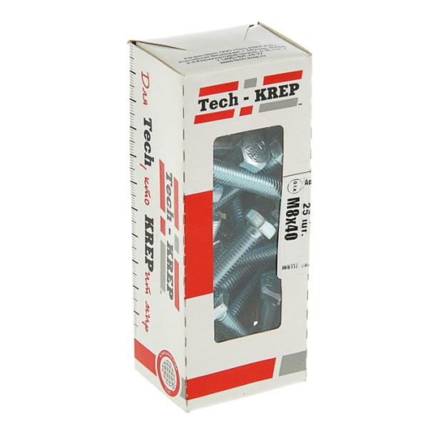 Tech-Krep Болт DIN933 с шестигранной головкой оцинк. М8х40 (25 шт) - коробка с ок. Tech-Kr 105210