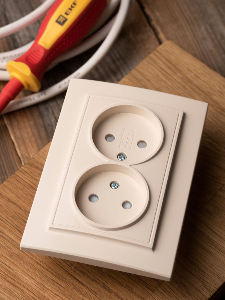 Купить EKF Basic Минск Бежевый Розетка 2-ая, б/з, со шторками, 10А, СП