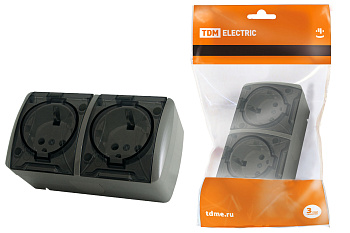 TDM Розетка двойная 2П+3 открытой установки IP54 16А с прозрачной крышкой серая "Селигер" SQ1818-0109