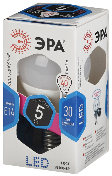 Купить ЭРА LED P45-5W-827-E14 (диод, шар, 5Вт, тепл, E14)