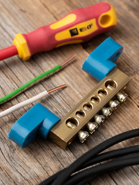 Купить EKF PROxima Шина "0" N (8х12мм) 6 отверстий латунь 2 синих угловых изолятора