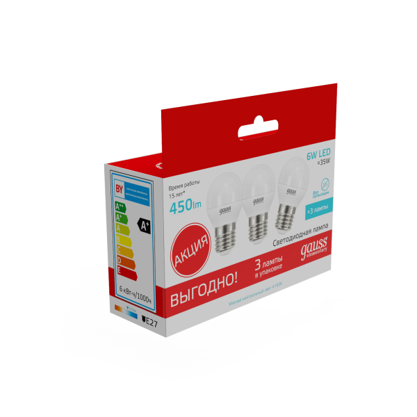 Купить Gauss Лампа Elementary Шар 6W 4100K E27 (3 лампы в упаковке) LED 1/40 53226T