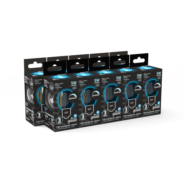 Купить Gauss Лампа Filament Шар 5W 450lm 4100К Е27 диммируемая LED 105802205-D