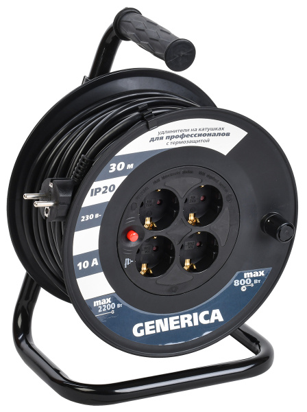 IEK GENERICA Катушка УК30 с т/з 4 места 2P+PE/30м 3х1,0мм2 GENERICA WKP10-10-04-30-G