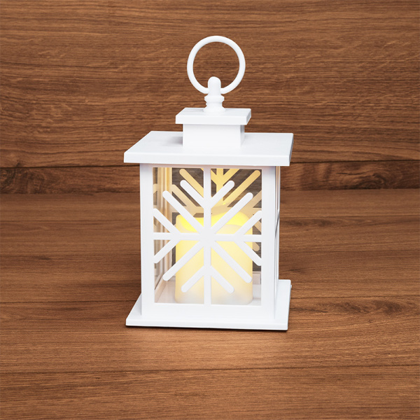 NEON-NIGHT Декоративный фонарь со свечкой, белый корпус со снежинкой, размер 12х12х18 см, цвет теплый белый 513-043