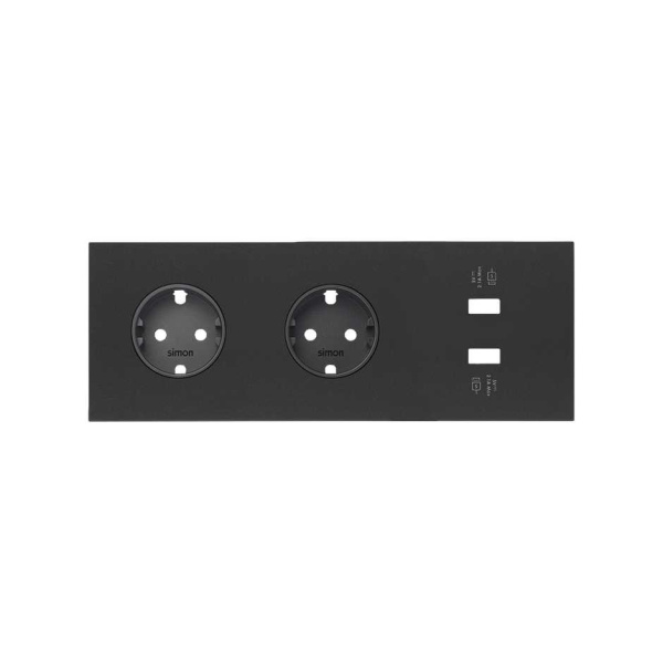 Simon 100 Черный матовый Кит 3 поста, фронт. Накладка на 2 розетки Schuko + 2 з/у USB SC 10020309-238