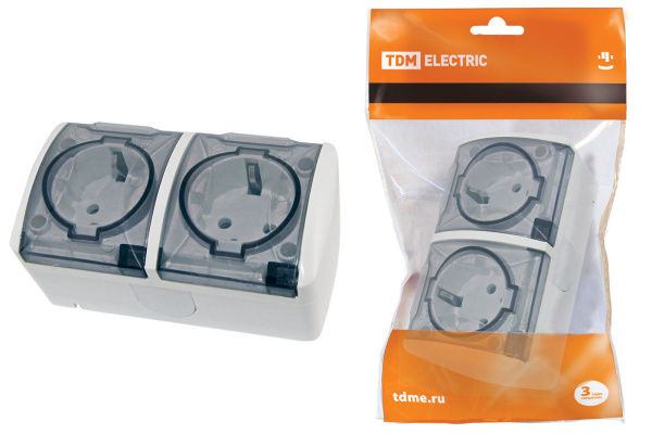 TDM Розетка двойная 2П+3 открытой установки IP54 16А с прозрачной крышкой белая "Селигер" SQ1818-0009