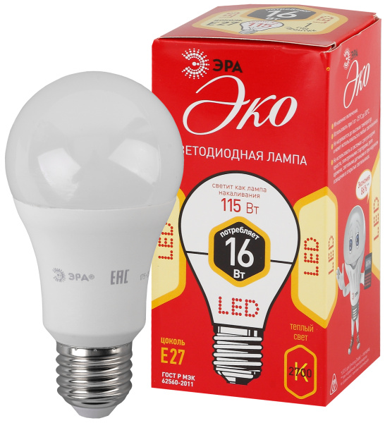 ЭРА ECO LED A60-16W-827-E27 (диод, груша, 16Вт, тепл, E27)