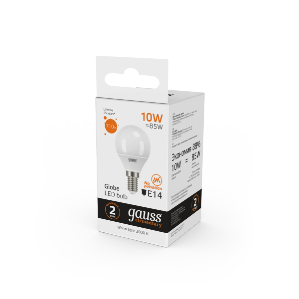 Купить Gauss Лампа Elementary Шар 10W 710lm 3000K Е14 LED 53110