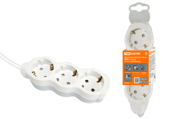 TDM Удлинитель бытовой "Люкс" УЛ03 3 гнезда, 10м, с/з, с з/ш, ПВС 3х1мм2 16А/250В бело-серый SQ1303-0282