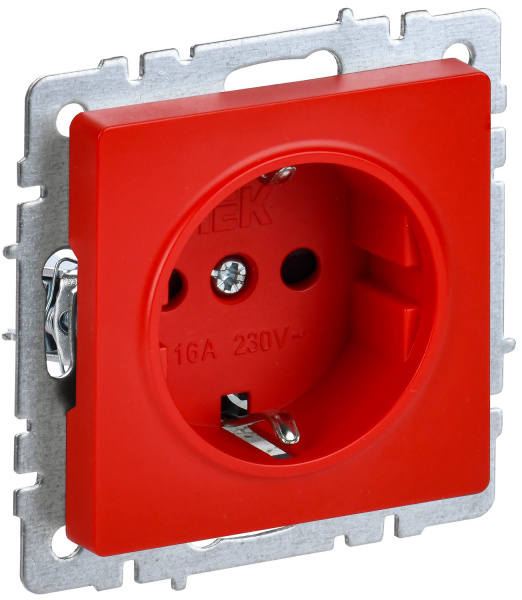 IEK BRITE Красная Розетка 1-местная с заземлением с защитными шторками 16А РС14-1-0-БрК