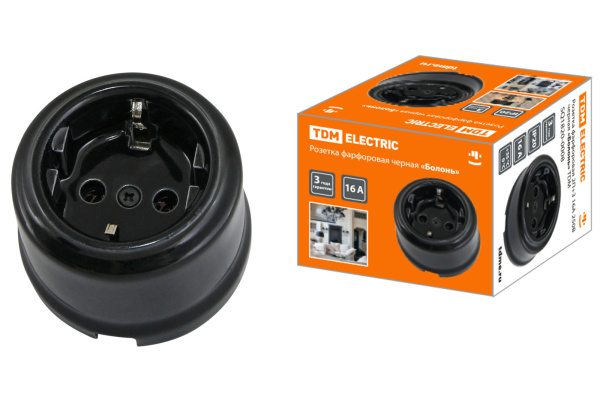 TDM Розетка фарфоровая 2П+З 16А 250В черная «Болонь» SQ1820-0008