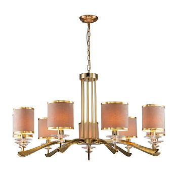 Favourite Classic подвесная люстра каркас цвета латунь, абажуры из бежевой бархатистой ткани с золотой тесьмой 2689-9P