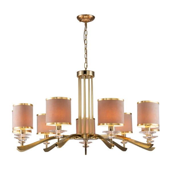 Favourite Classic подвесная люстра каркас цвета латунь, абажуры из бежевой бархатистой ткани с золотой тесьмой 2689-9P