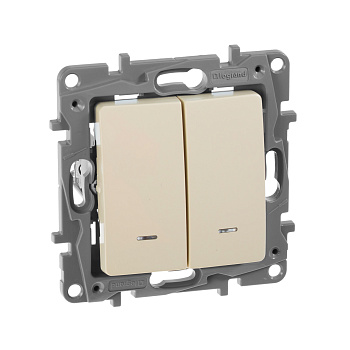 Legrand Etika Слоновая кость Выключатель 2-х клавишный с подсветкой, 10А, Винтовые клеммы 672304