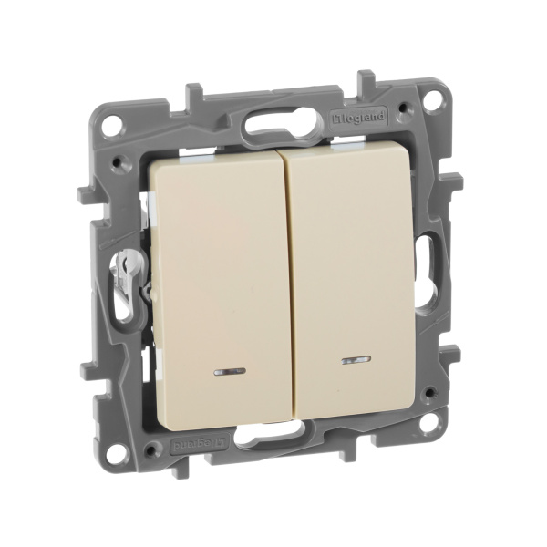 Legrand Etika Слоновая кость Выключатель 2-х клавишный с подсветкой, 10А, Винтовые клеммы 672304