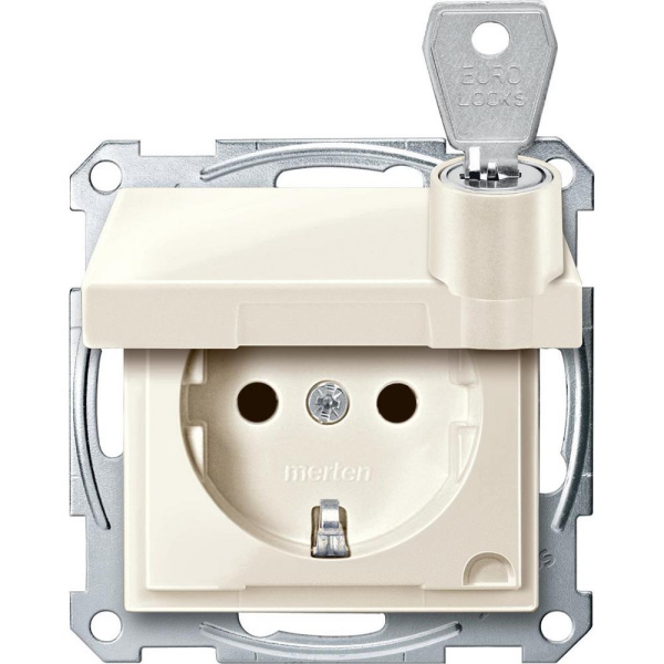 Купить SE Merten SM Беж Розетка Schuko с крышкой запирающейся на замок, с защитными шторками, безвинт. зажим MTN2315-0344
