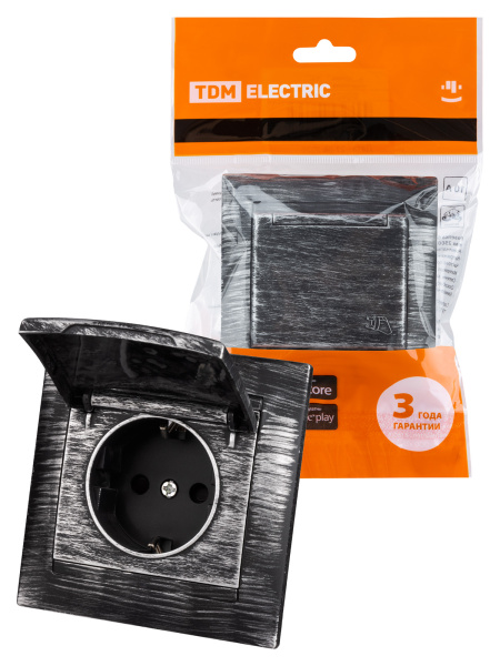 TDM Розетка 2П+З 16А 250В IP44 с защ. шт. с крышкой старинное серебро "Лама" SQ1815-0655