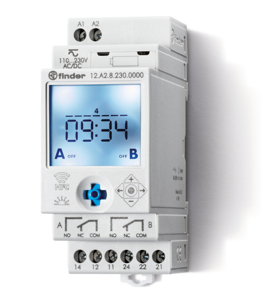 Finder Реле времени цифровое недельное ASTRO; монтаж на рейку 35мм; 2СO 16A; питание 110…230B AC/DC; NFC; ширина 35мм; степень защиты IP20 12A282300000