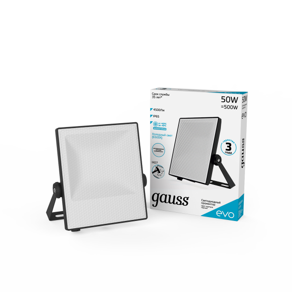 Купить Gauss Прожектор EVO 50W 4500lm 6500K 100-240V IP65 черный LED 687511350