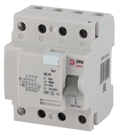 ЭРА SIMPLE-mod-46 SIMPLE Устройство защитного отключения УЗО ВД-40 4P 63А/30мА (электронное)