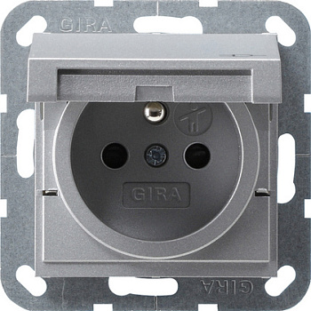 Gira S-55 Алюминий Розетка с/з, с затвором (shutter) и символом  и крышкой 048826