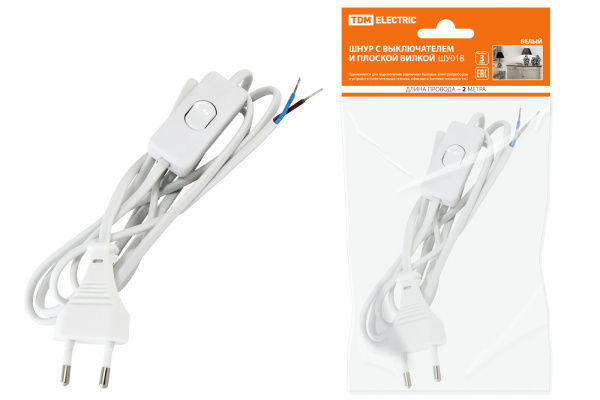 TDM Шнур с выключателем и плоской вилкой ШУ01В ШВВП 2х0,75мм2 2м. белый SQ1305-0001