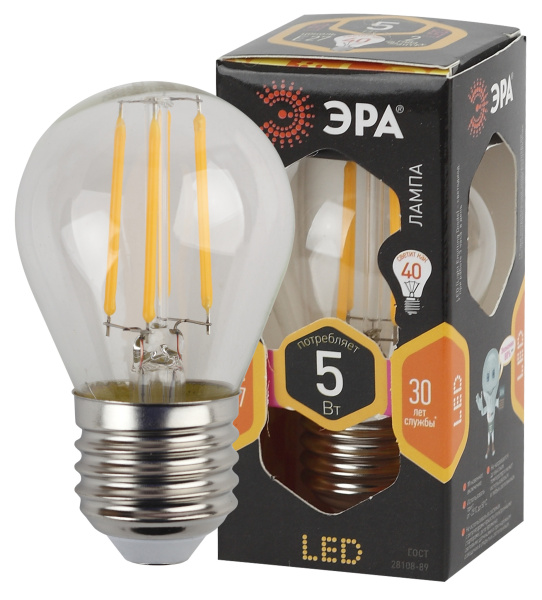 ЭРА F-LED P45-5W-827-E27 (филамент, шар, 5Вт, тепл, E27)