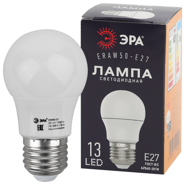ЭРА ERAW50-E27 LED A50-3W-E27 ЭРА (диод. груша бел., 13SMD, 3W, E27, для белт-лайт) (10/100/3600)