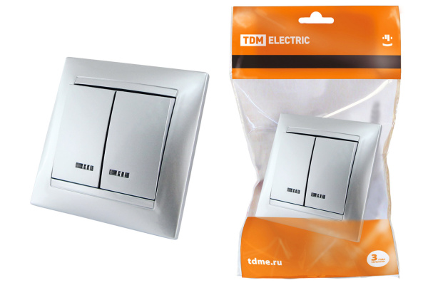 TDM Выключатель 2 кл. с подсветкой 10А серебр. металлик "Лама" SQ1815-0205