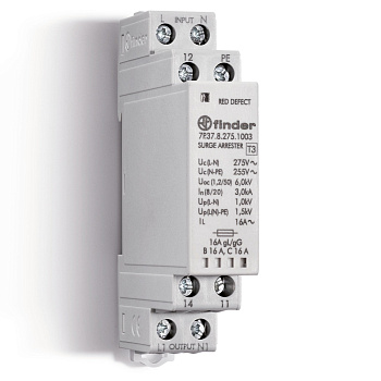 Finder Устройство защиты от импульсных перенапряжений УЗИП тип 3 (1 варистор + 1 искровый разрядник); модульный, ширина 17.5мм; степень защиты IP20 7P3782751003