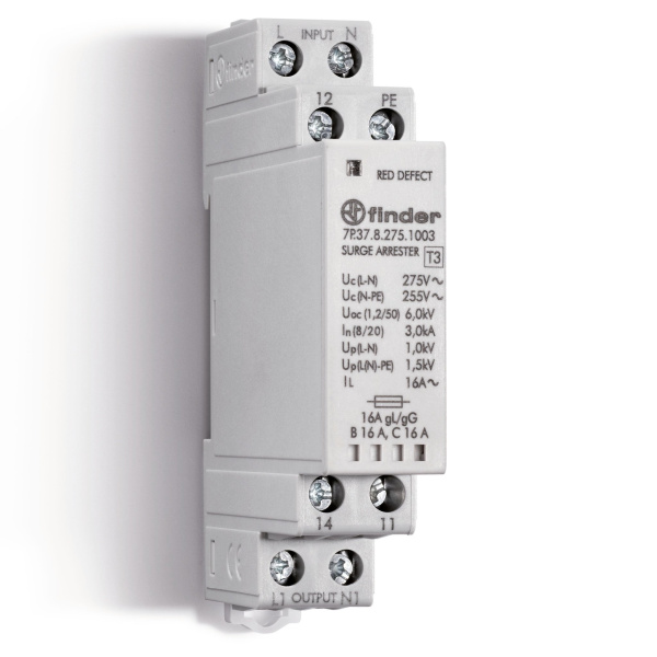 Finder Устройство защиты от импульсных перенапряжений УЗИП тип 3 (1 варистор + 1 искровый разрядник); модульный, ширина 17.5мм; степень защиты IP20 7P3782751003