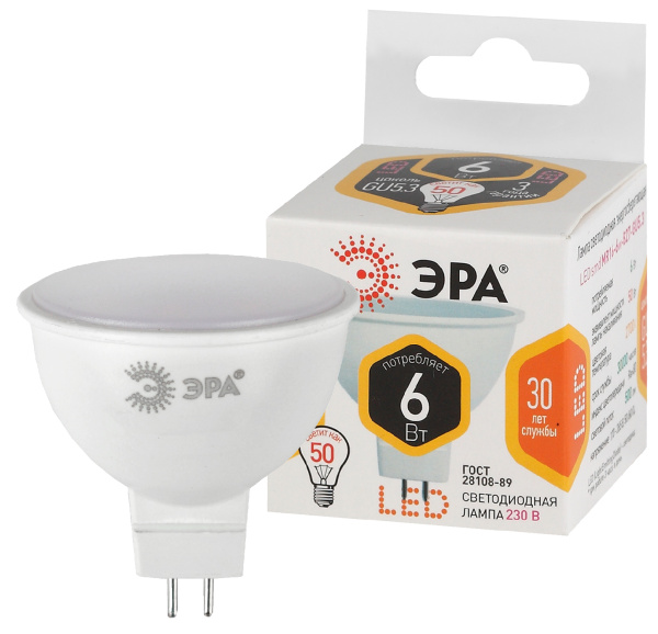 ЭРА LED MR16-6W-827-GU5.3 (диод, софит, 6Вт, тепл, GU5.3)
