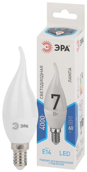 ЭРА LED BXS-7W-840-E14 (диод, свеча на ветру, 7Вт, нейтр, E14)