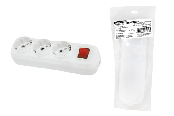 TDM Колодка розеточная 3 гнезда 2П+3 c выключателем 16А 250В белая серии "Народная" SQ1806-0418