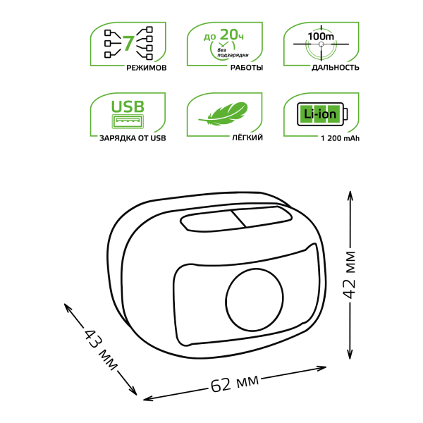 Купить Gauss Фонарь налобный модель GFL402 3W 220lm Li-ion 1200mAh LED 1/10/100 GF402