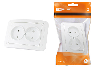 TDM Розетка двойная 2П 10А c защитными шторками белая "Валдай" SQ1804-0025