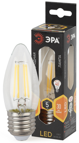 ЭРА F-LED B35-5W-827-E27 (филамент, свеча, 5Вт, тепл, E27)