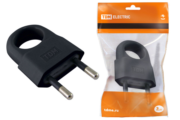 TDM Вилка б/з с кольцом черная 10А 250В (евровилка CEE 7/16) SQ1806-0190