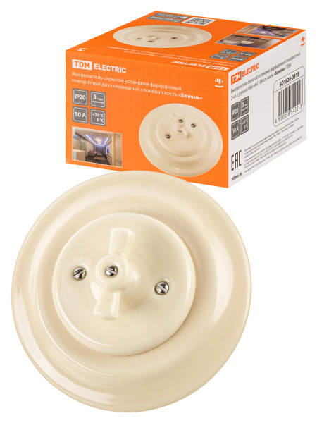TDM Выключатель скрытой установки фарфоровый поворотный 2-кл. с ручкой (бантик) 10А сл. кость «Болонь» T SQ1820-0315