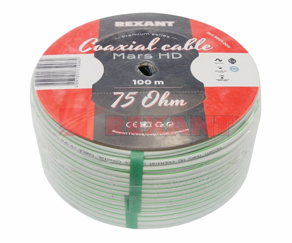 Купить Кабель MARS HD, Cu/Al/CuSn, (96%), 75 Ом, 100м., белый Rexant 01-2502