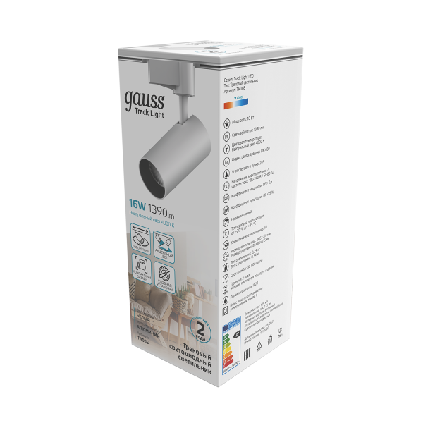 Купить Gauss Светильник трековый цилиндр 16W 1390lm 4000K 180-240V IP20 65*210мм белый угол 24º LED TR066