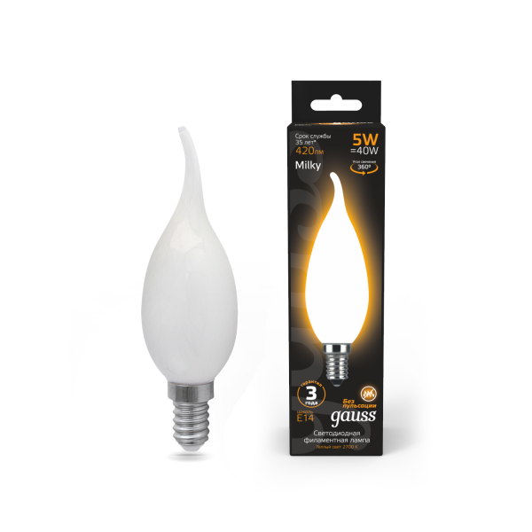 Купить Gauss Лампа Filament Свеча на ветру 5W 450lm 4100К Е14 milky LED 104201205