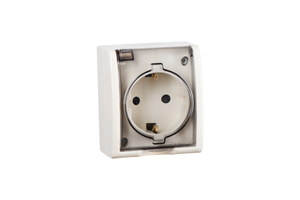 Купить Simon 15 Aqua Бежевая Розетка 1-ая с/з с крышкой с защитными шторками наружная, IP54 1594432-031