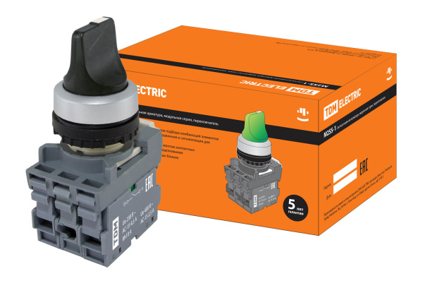 TDM Переключатель на 2 положения с фиксацией M2SS2-20B короткая ручка в сборе d22мм 1з+1р черный SQ0747-0078